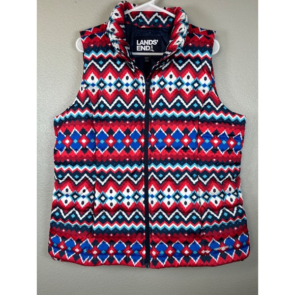 Lands' End Jackets & Blazers - Lands' End Down Puffer Vest Womens L Tall Red Blue White Geometric Aztec Pattern